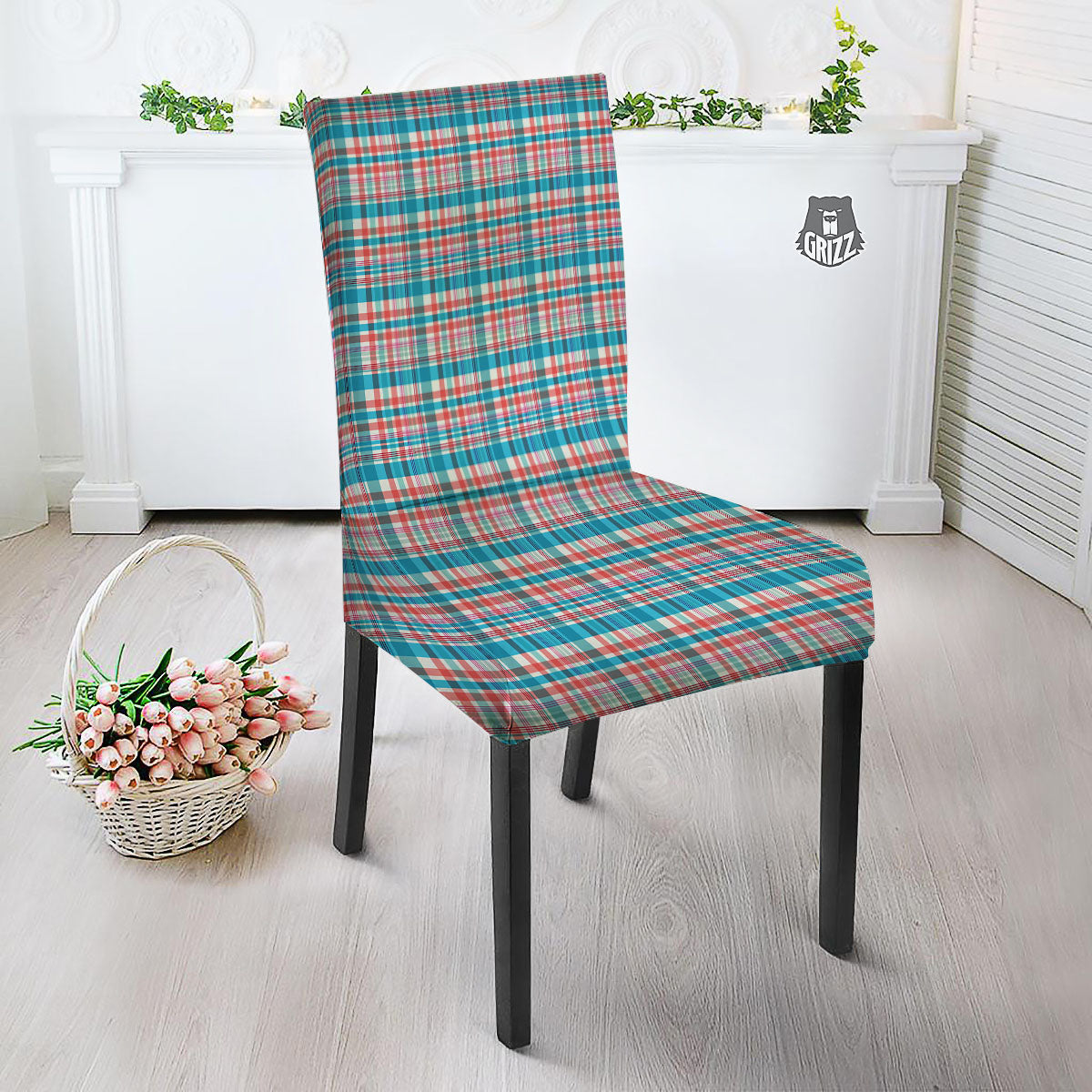 Madras Red And Blue Print Pattern Dining Chair Slipcover-grizzshop
