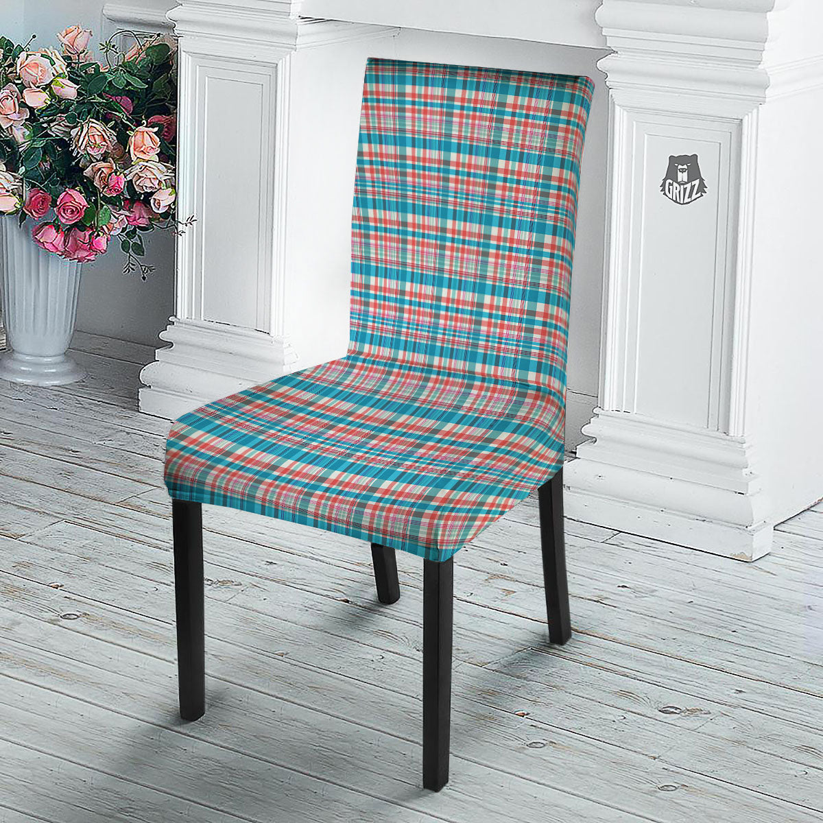 Madras Red And Blue Print Pattern Dining Chair Slipcover-grizzshop