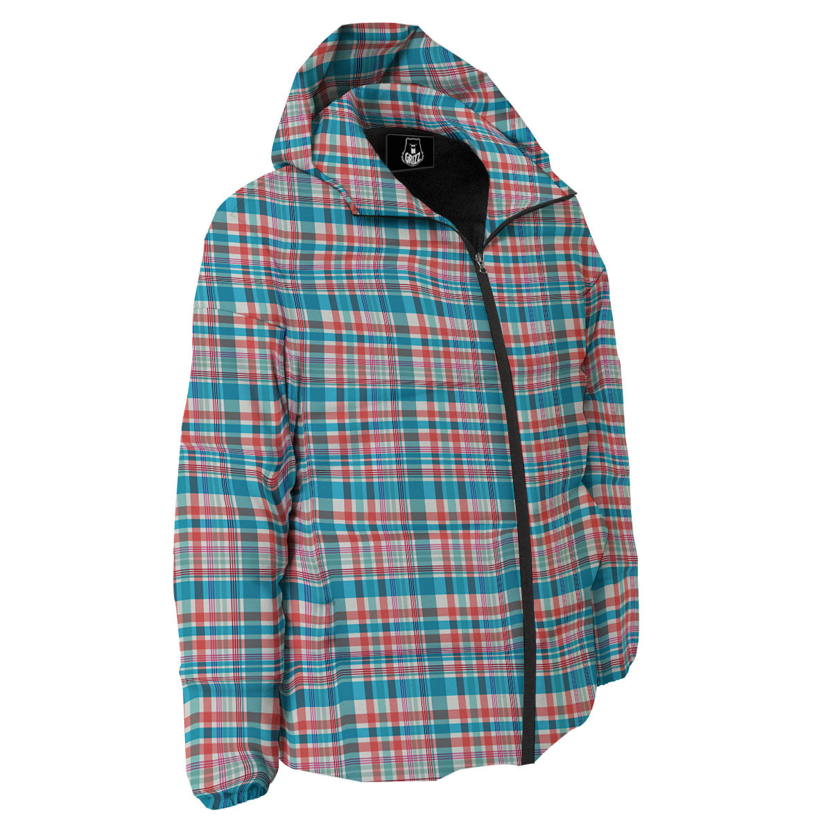 Madras Red And Blue Print Pattern Down Jacket-grizzshop