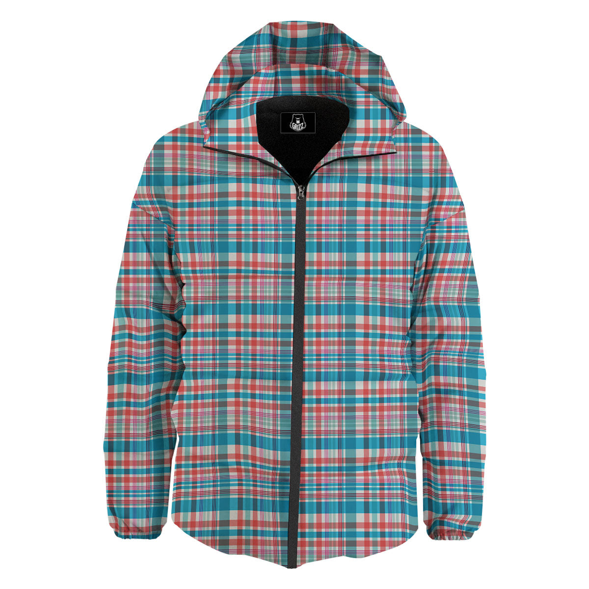 Madras Red And Blue Print Pattern Down Jacket-grizzshop