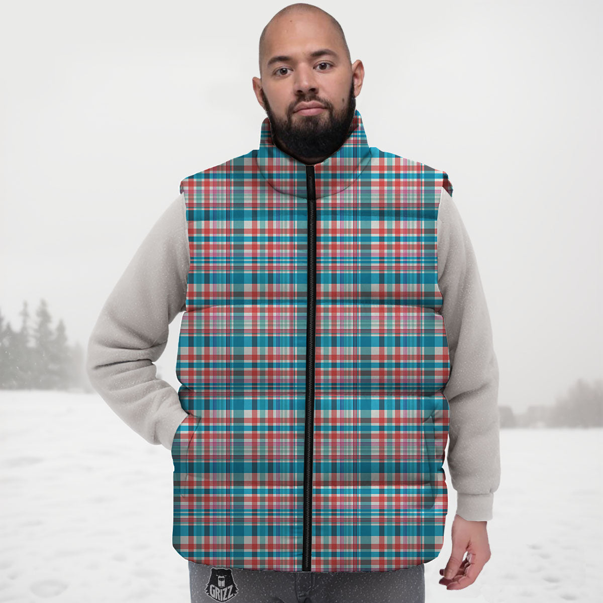 Madras Red And Blue Print Pattern Down Vest