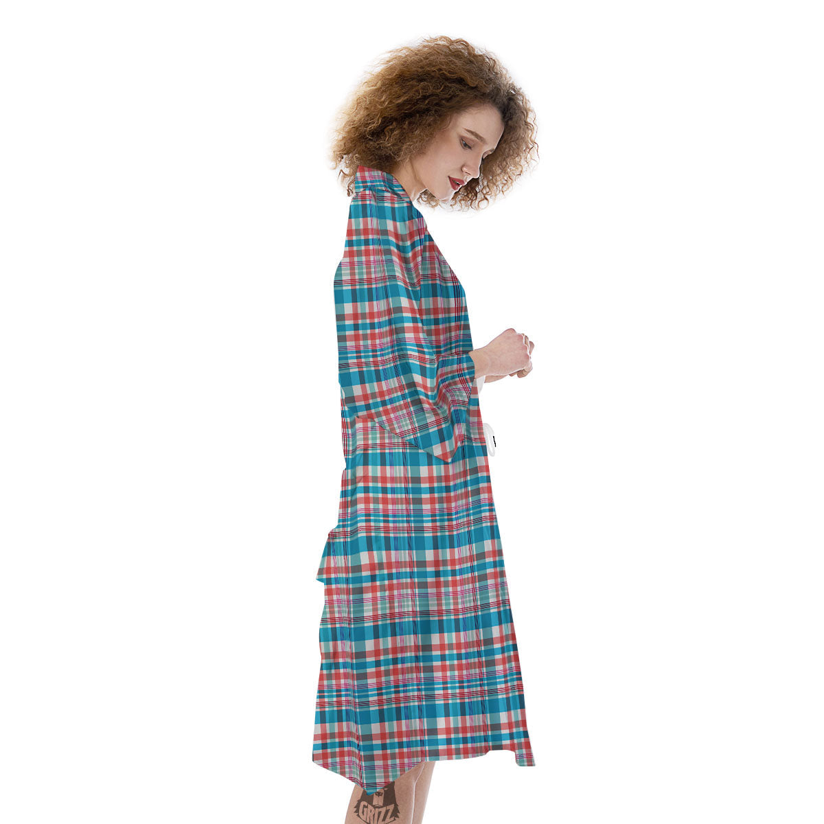 Madras Red And Blue Print Pattern Kimono-grizzshop