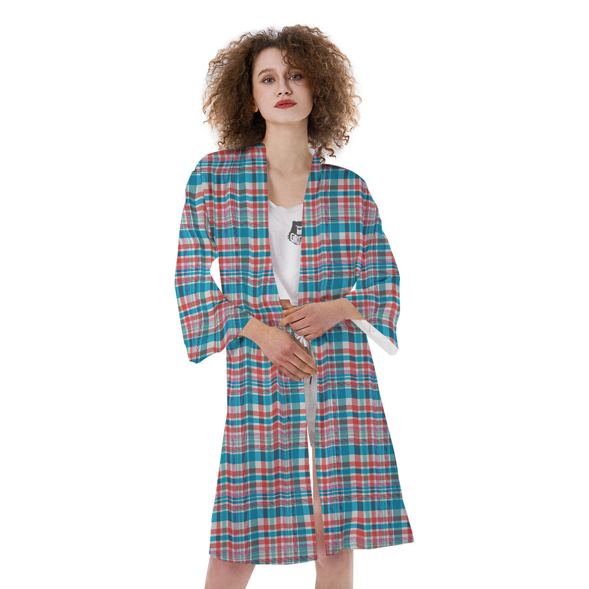 Madras Red And Blue Print Pattern Kimono-grizzshop