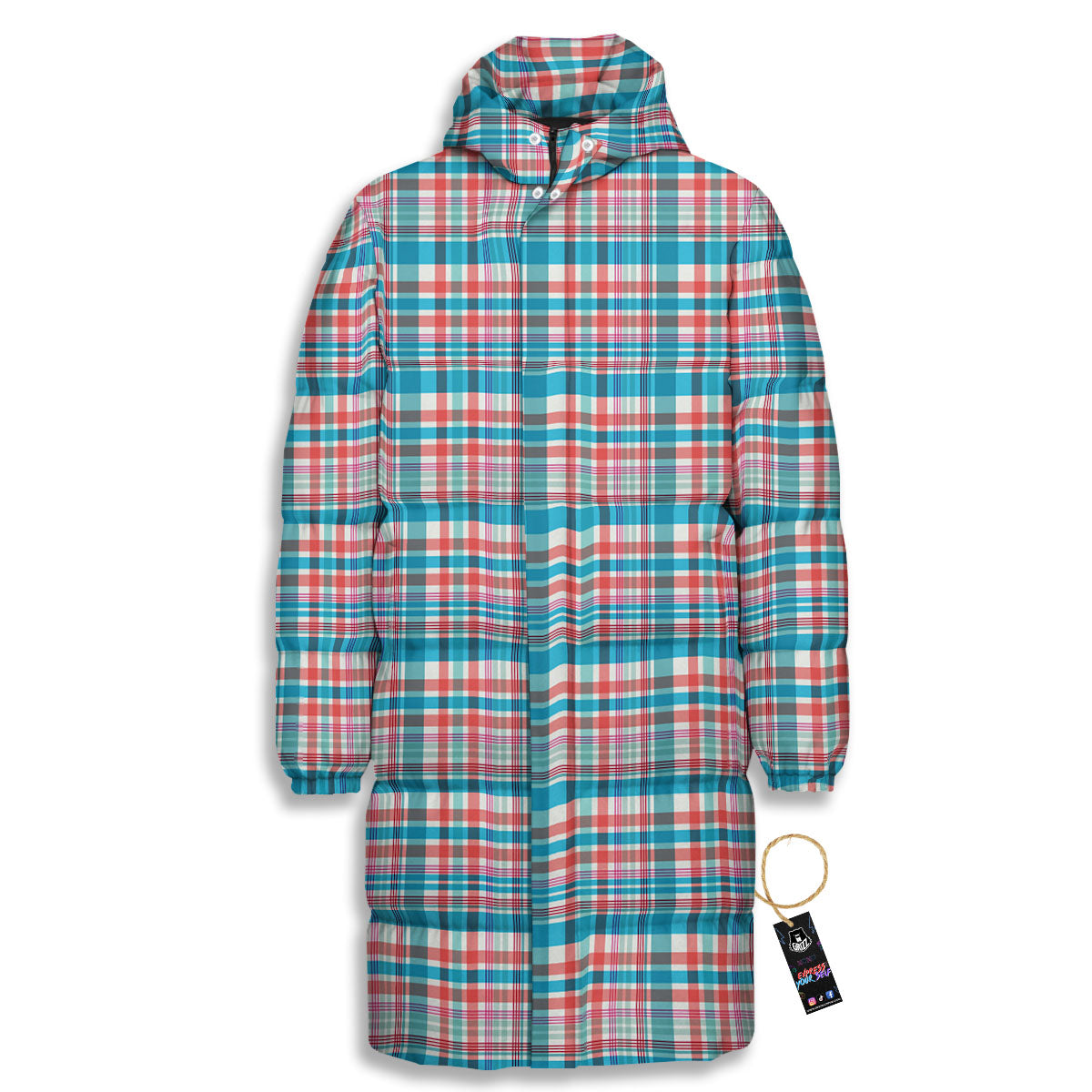 Madras Red And Blue Print Pattern Long Down Jacket-grizzshop