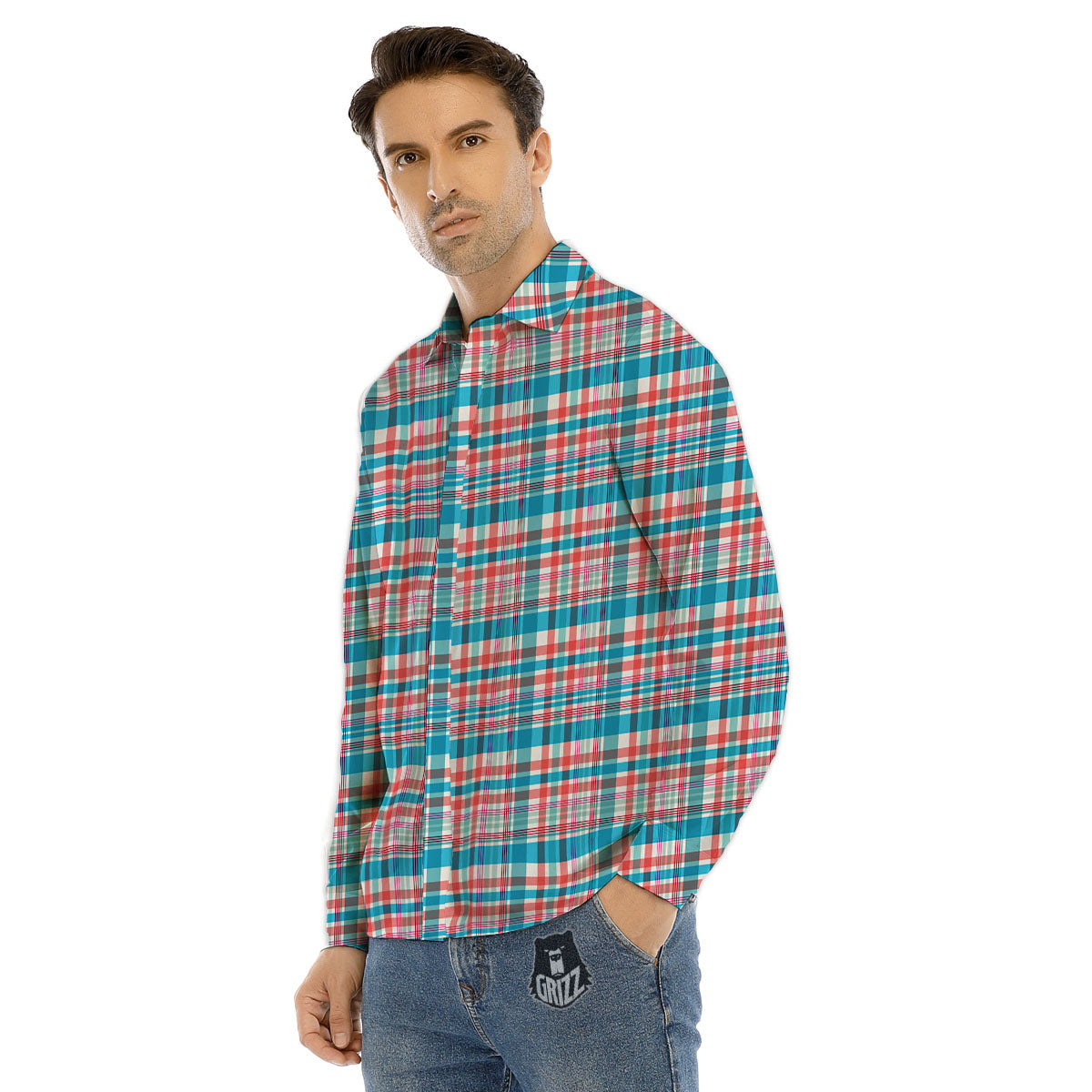 Madras Red And Blue Print Pattern Men's Dress Shirts-grizzshop