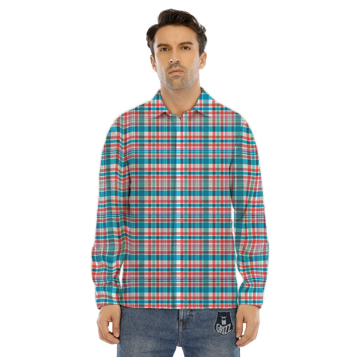 Madras Red And Blue Print Pattern Men's Dress Shirts-grizzshop