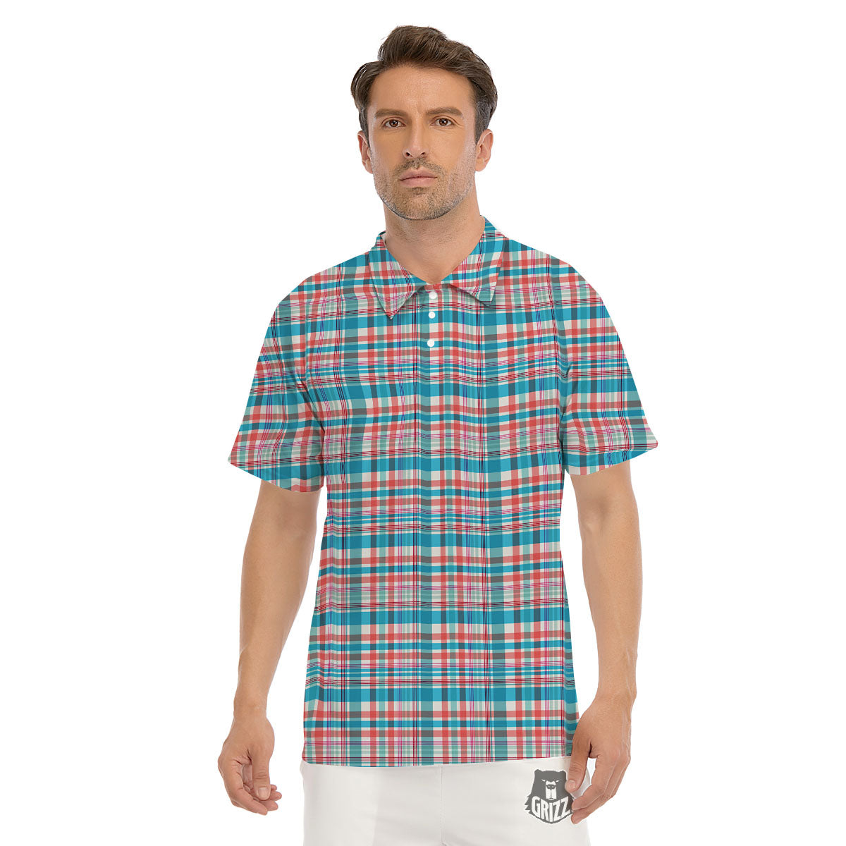 Madras Red And Blue Print Pattern Men's Golf Shirts-grizzshop