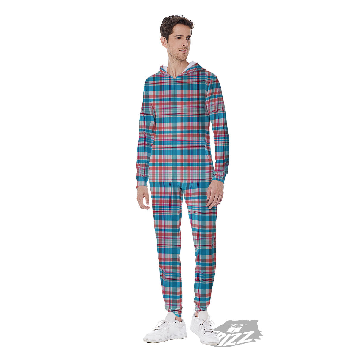 Madras Red And Blue Print Pattern Men's Jumpsuit-grizzshop