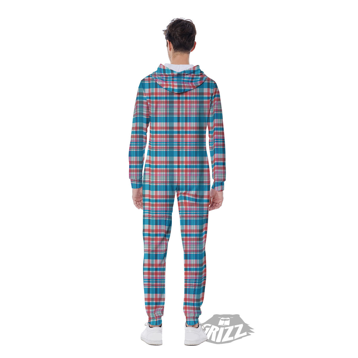 Madras Red And Blue Print Pattern Men's Jumpsuit-grizzshop