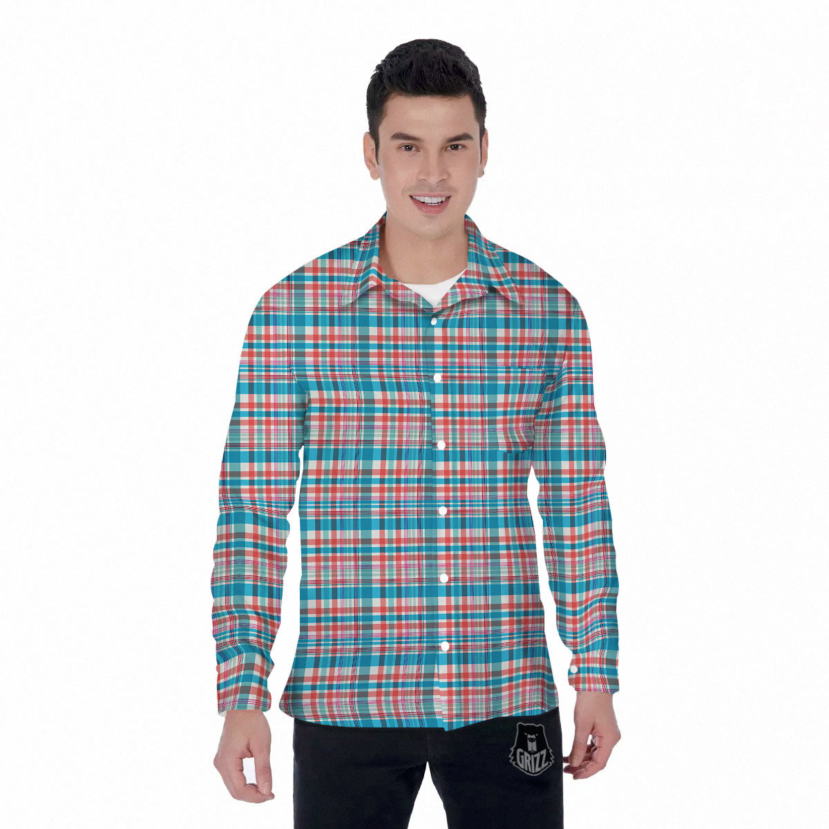 Madras Red And Blue Print Pattern Men's Long Sleeve Shirts-grizzshop