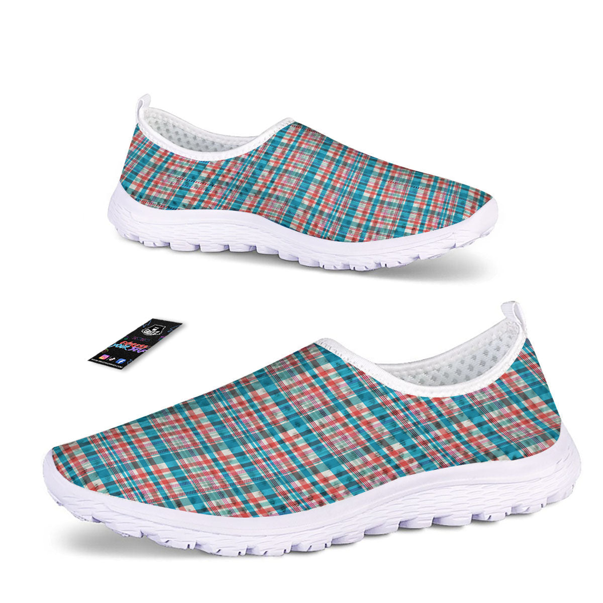 Madras Red And Blue Print Pattern Nurse Shoes-grizzshop