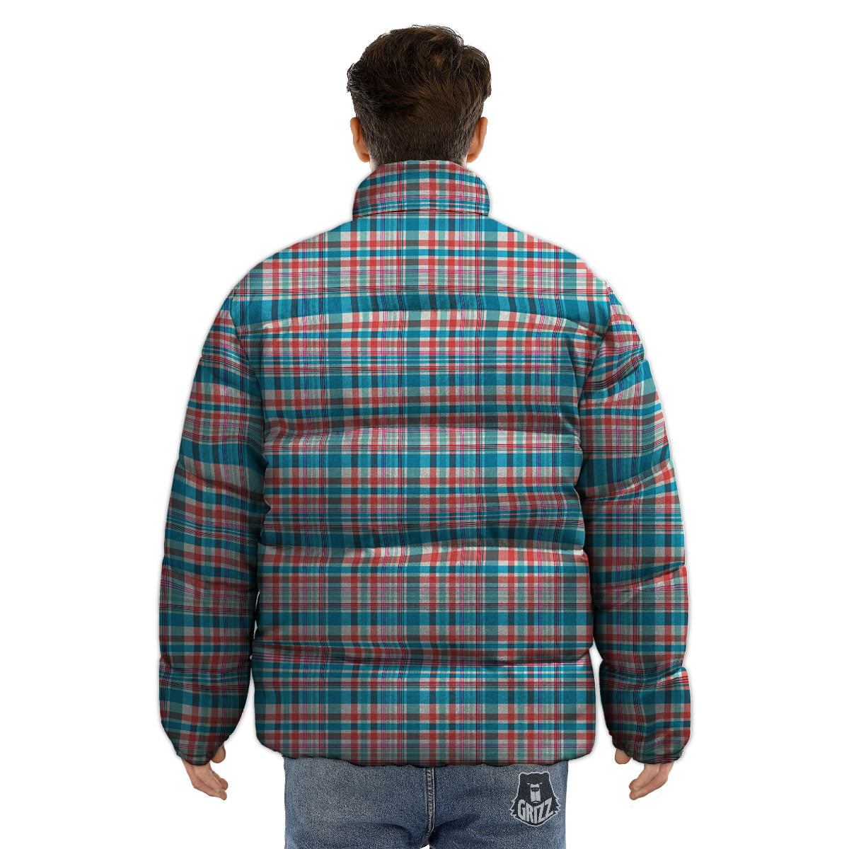 Madras Red And Blue Print Pattern Puffer Jacket-grizzshop