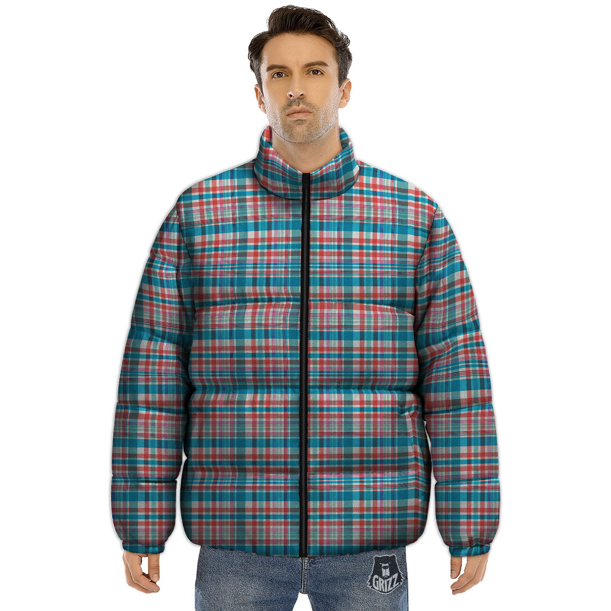 Madras Red And Blue Print Pattern Puffer Jacket-grizzshop