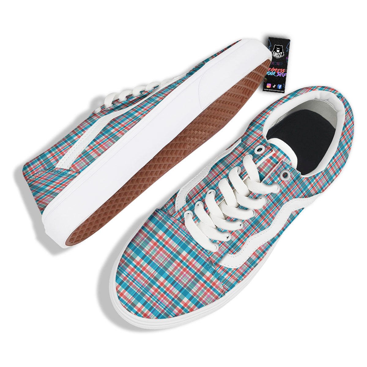 Madras Red And Blue Print Pattern Skate Shoes-grizzshop