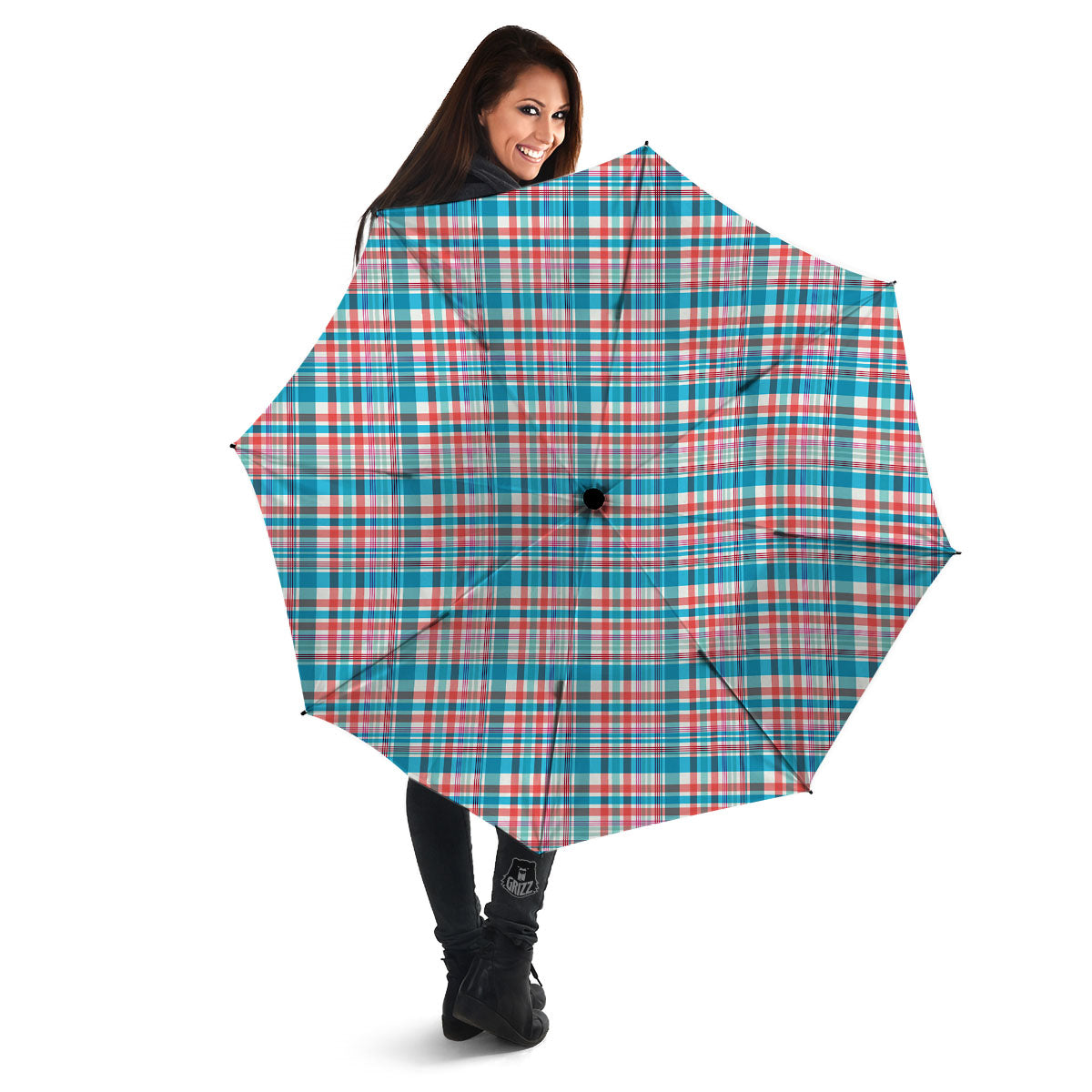Madras Red And Blue Print Pattern Umbrella-grizzshop