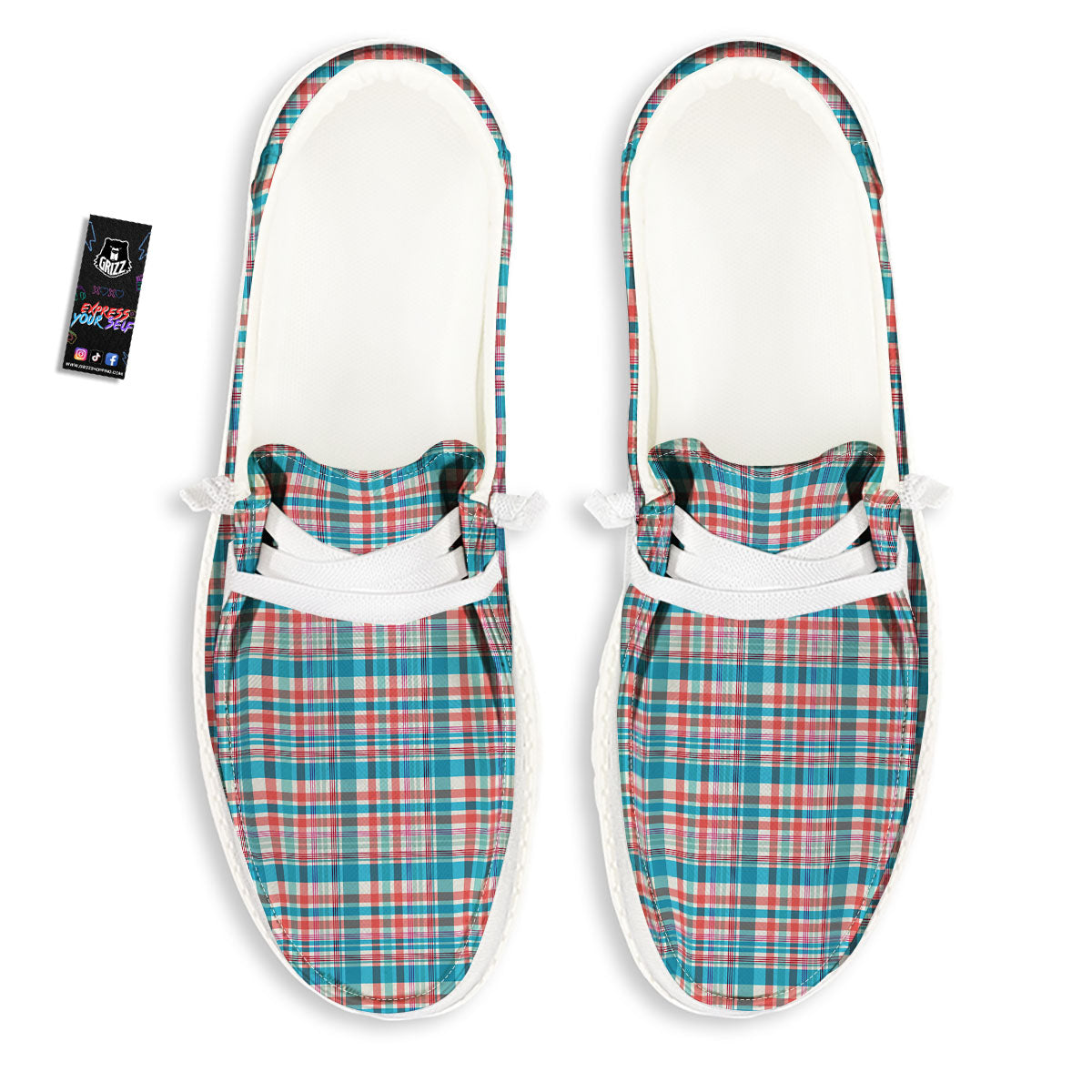 Madras Red And Blue Print Pattern White Loafers-grizzshop