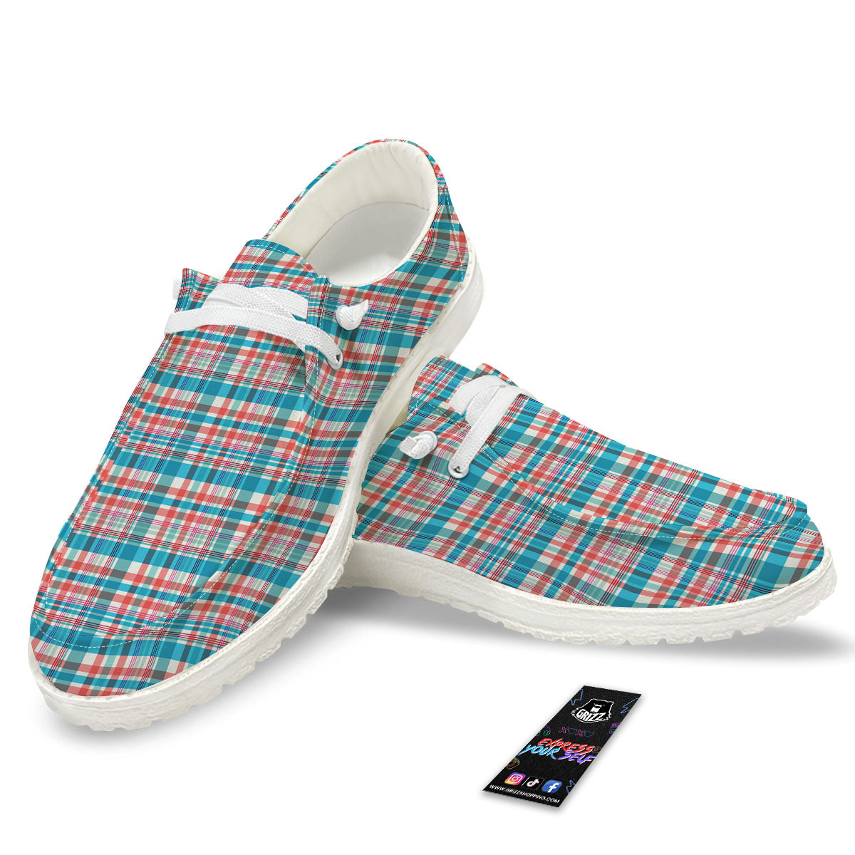 Madras Red And Blue Print Pattern White Loafers-grizzshop