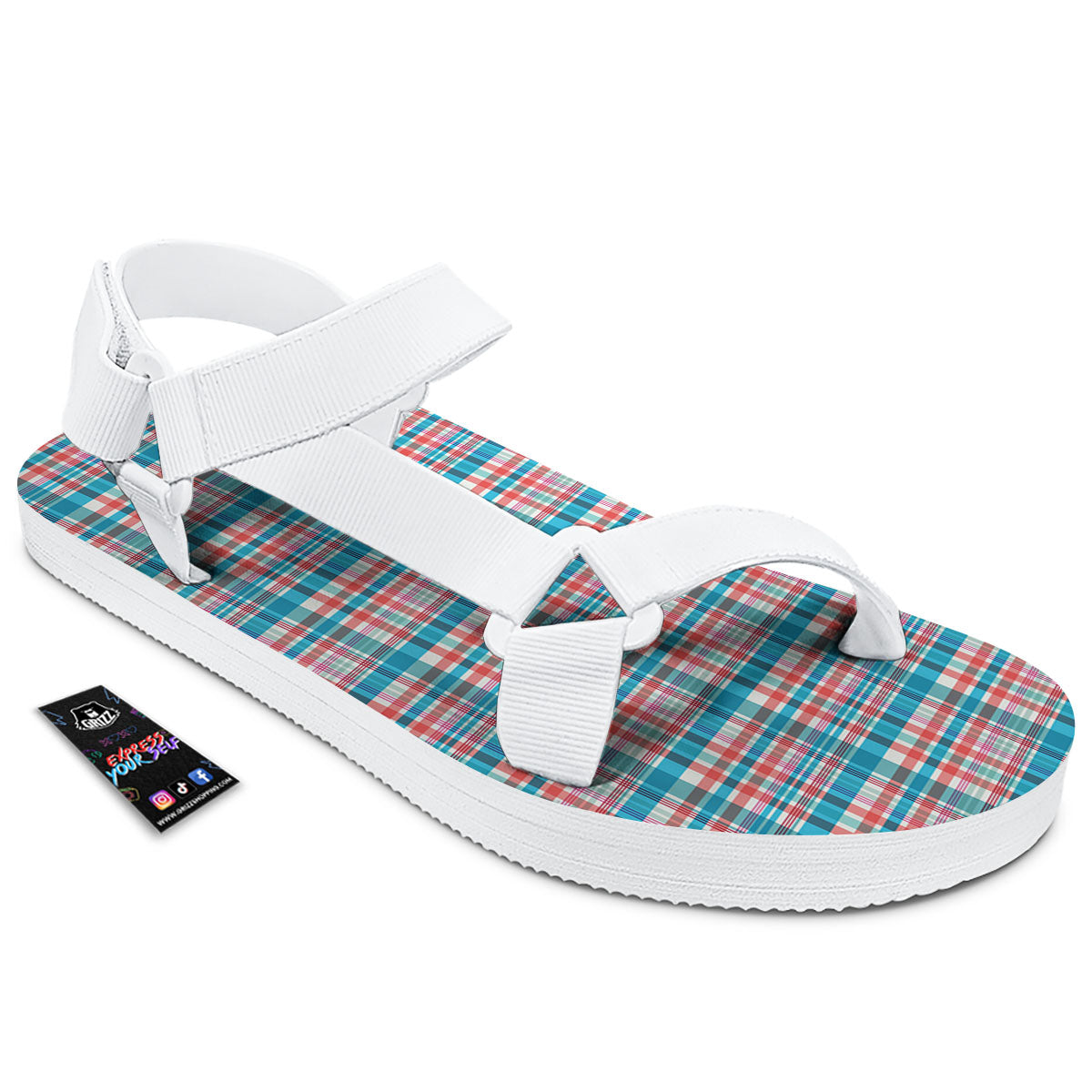 Madras Red And Blue Print Pattern White Open Toe Sandals-grizzshop