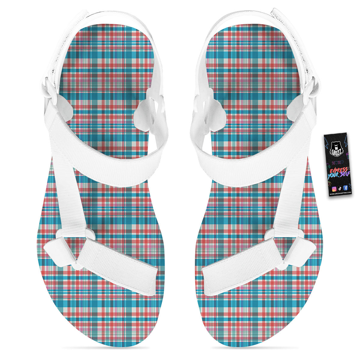 Madras Red And Blue Print Pattern White Open Toe Sandals-grizzshop