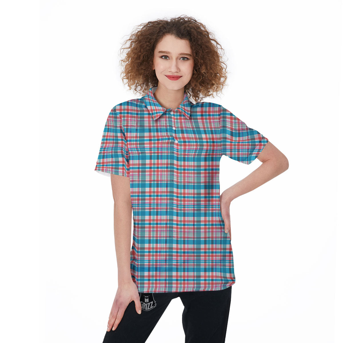 Madras Red And Blue Print Pattern Women's Golf Shirts-grizzshop