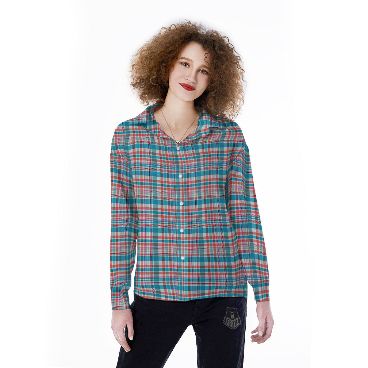 Madras Red And Blue Print Pattern Women's Long Sleeve Shirts-grizzshop