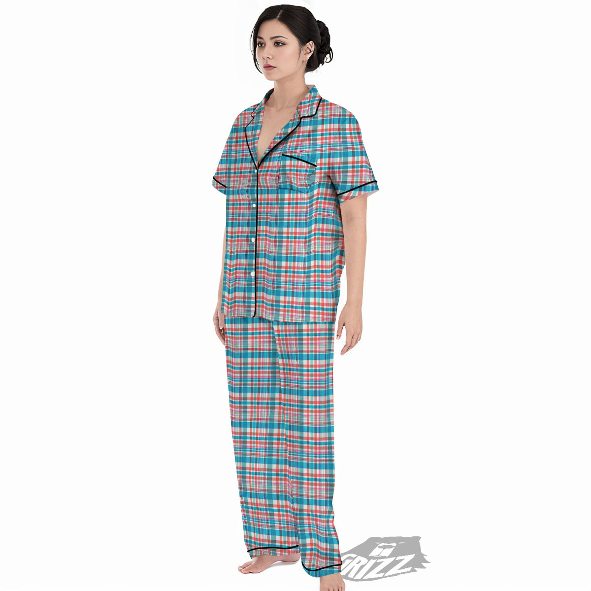 Madras Red And Blue Print Pattern Women's Pajamas Set-grizzshop