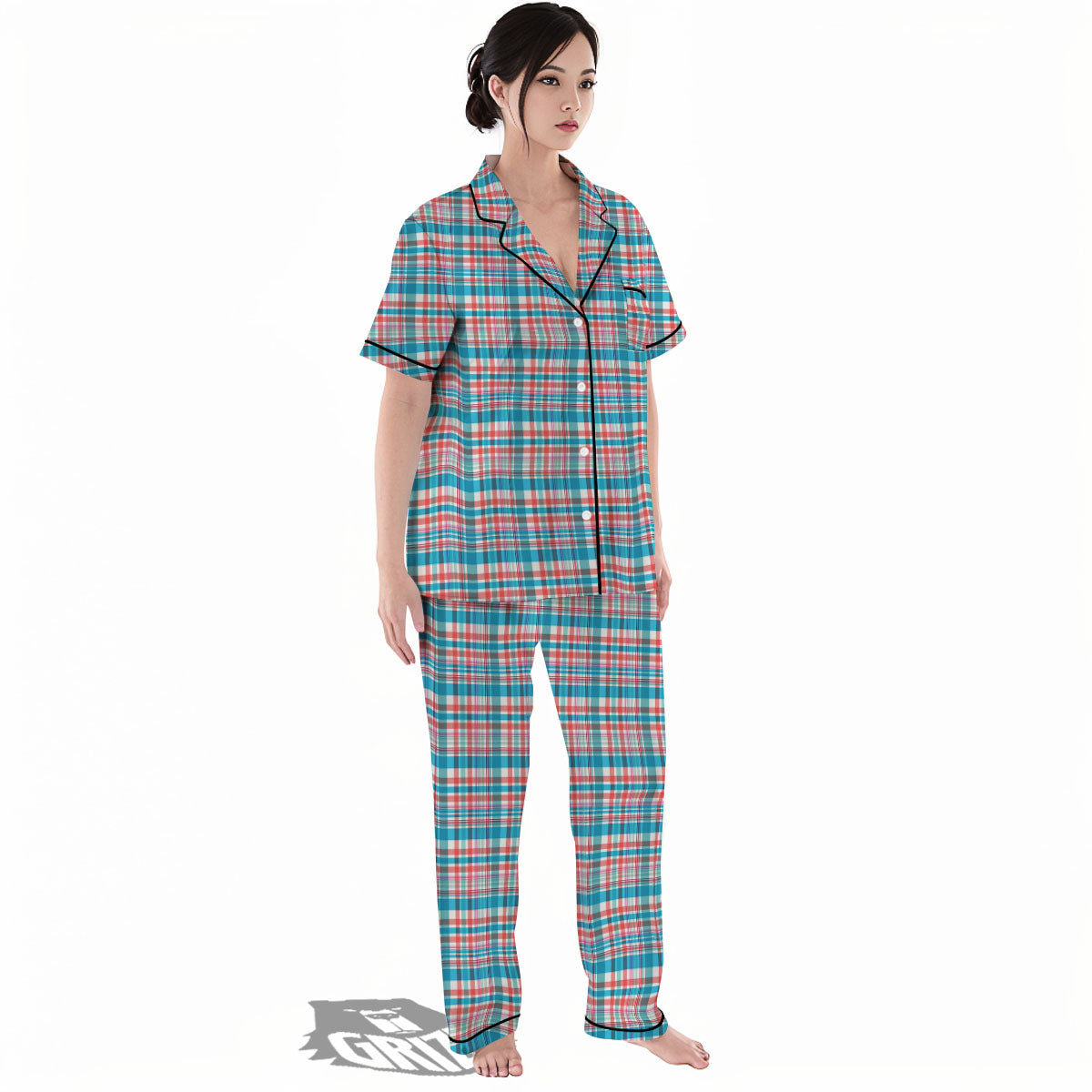 Madras Red And Blue Print Pattern Women's Pajamas Set-grizzshop