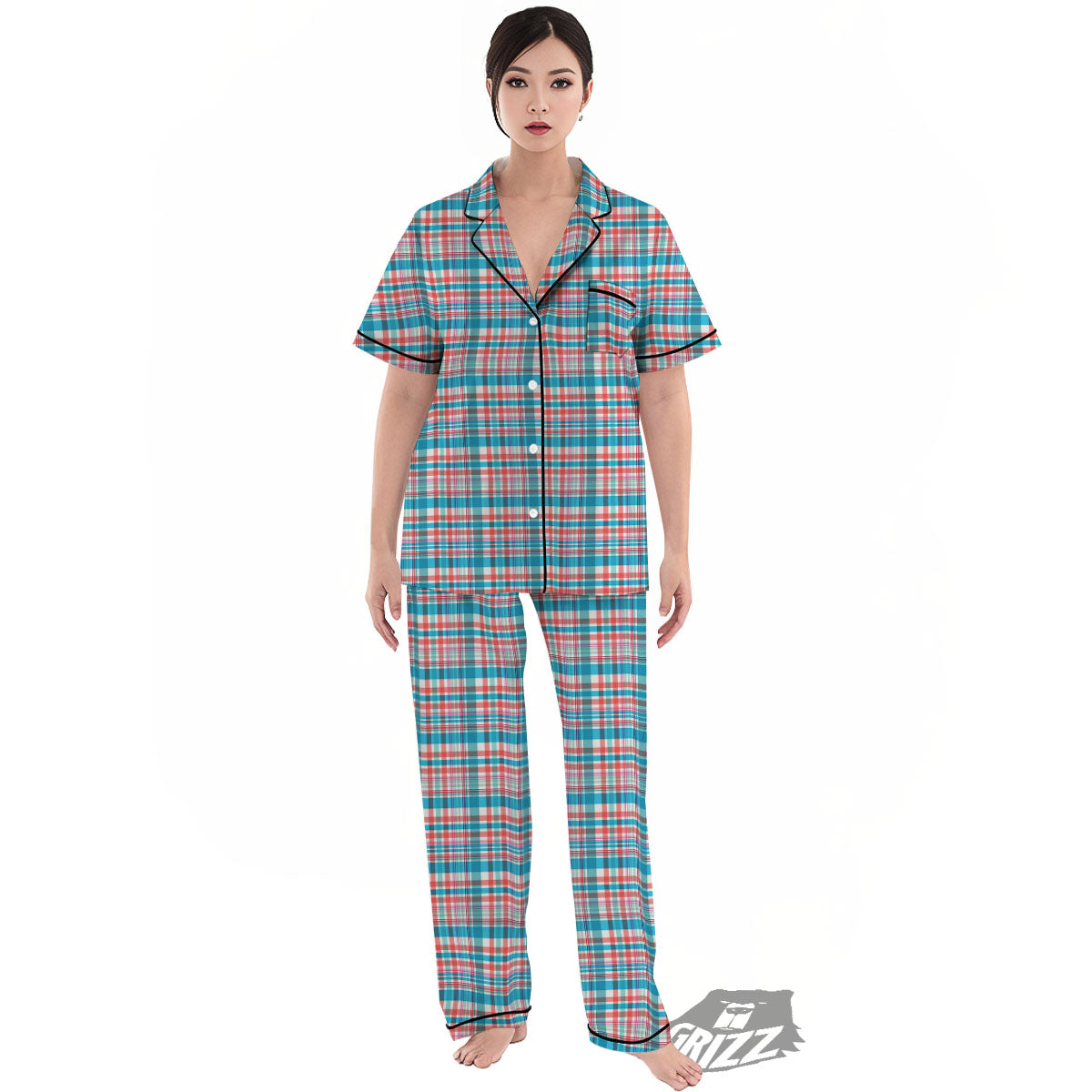 Madras Red And Blue Print Pattern Women's Pajamas Set-grizzshop