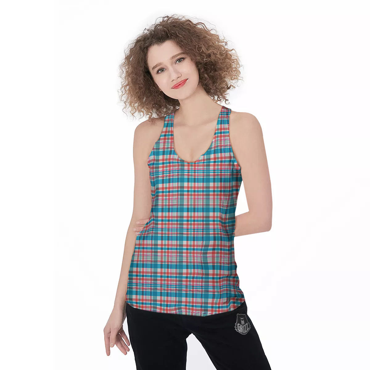 Madras Red And Blue Print Pattern Women's Racerback Tank Top-grizzshop