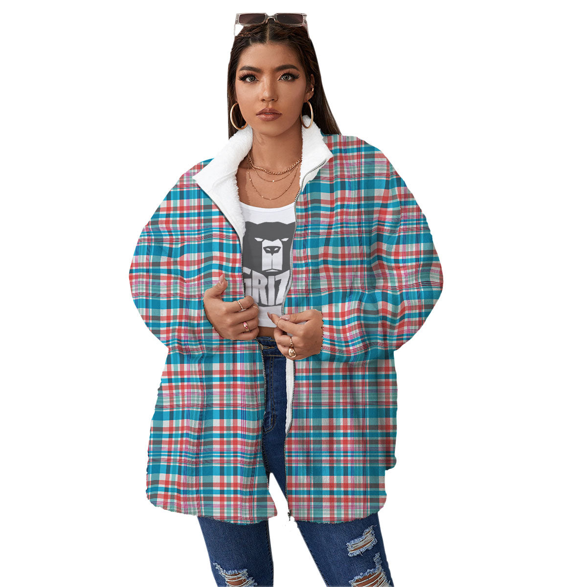 Madras Red And Blue Print Pattern Women's Sherpa Jacket-grizzshop