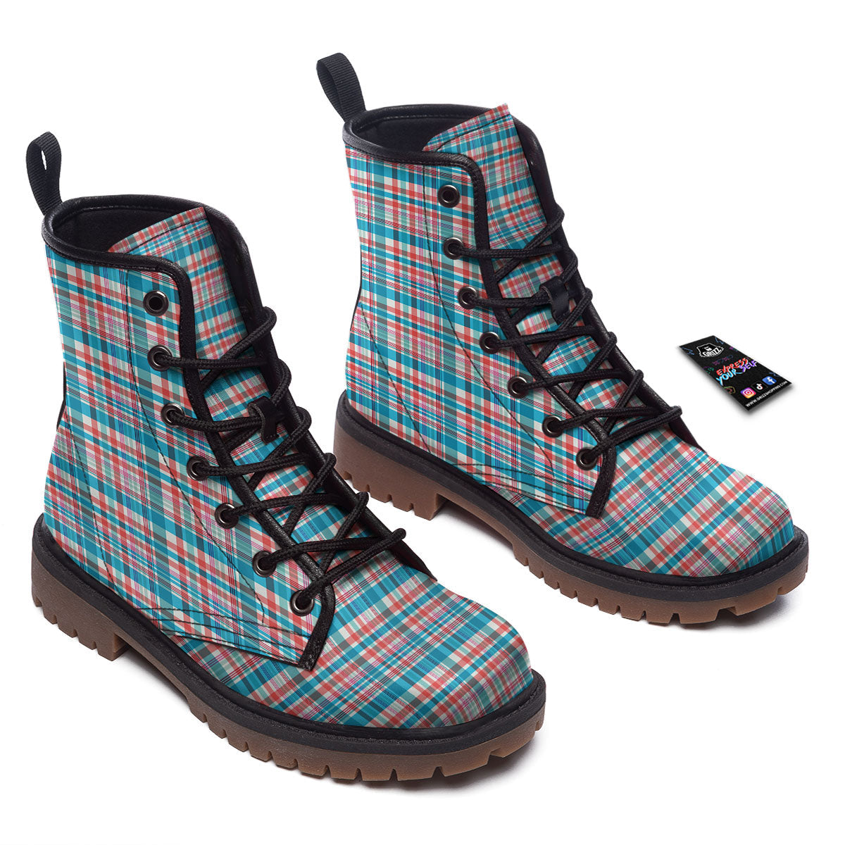 Madras Red And Blue Print Pattern Work Boots-grizzshop