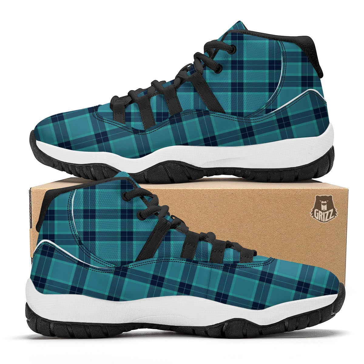 Madras Teal Print Pattern Black Bball Shoes-grizzshop