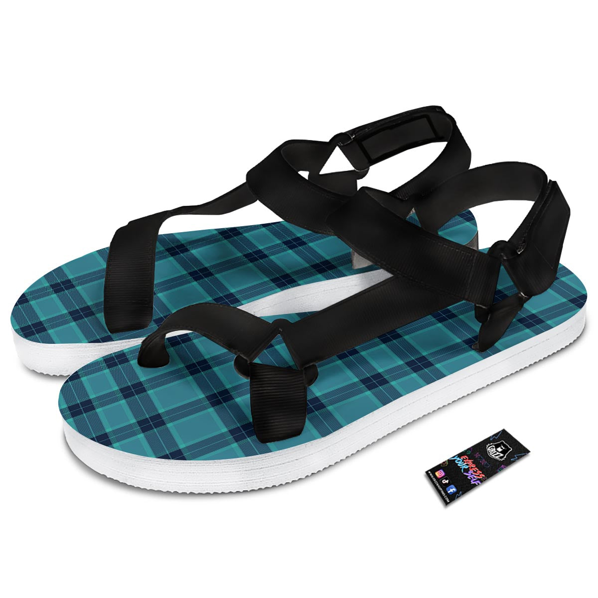 Madras Teal Print Pattern Black Open Toe Sandals-grizzshop