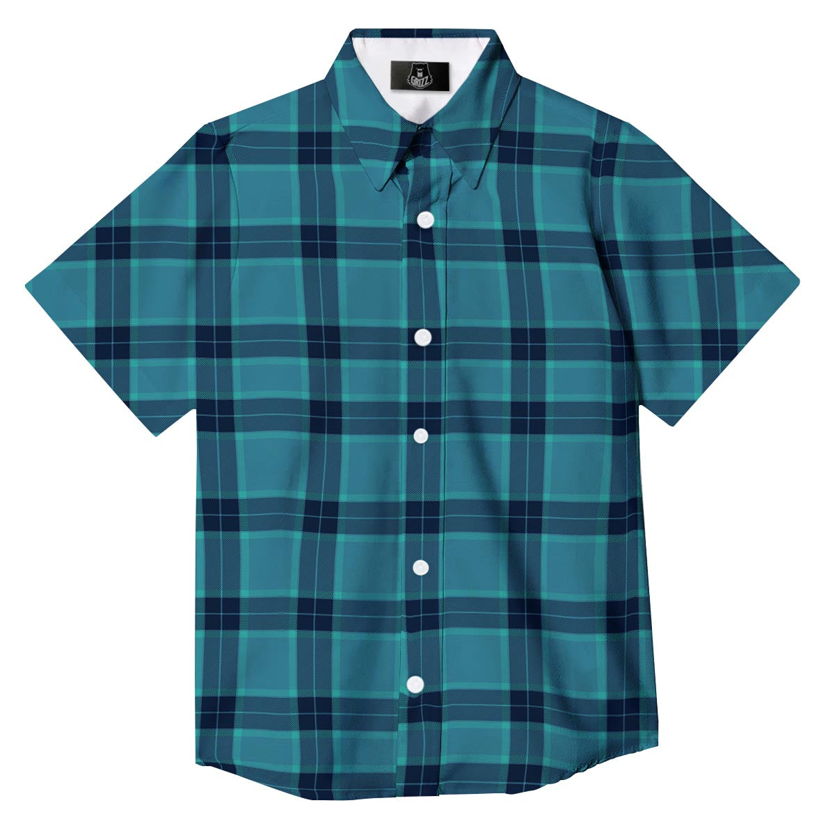 Madras Teal Print Pattern Button Up Shirt-grizzshop