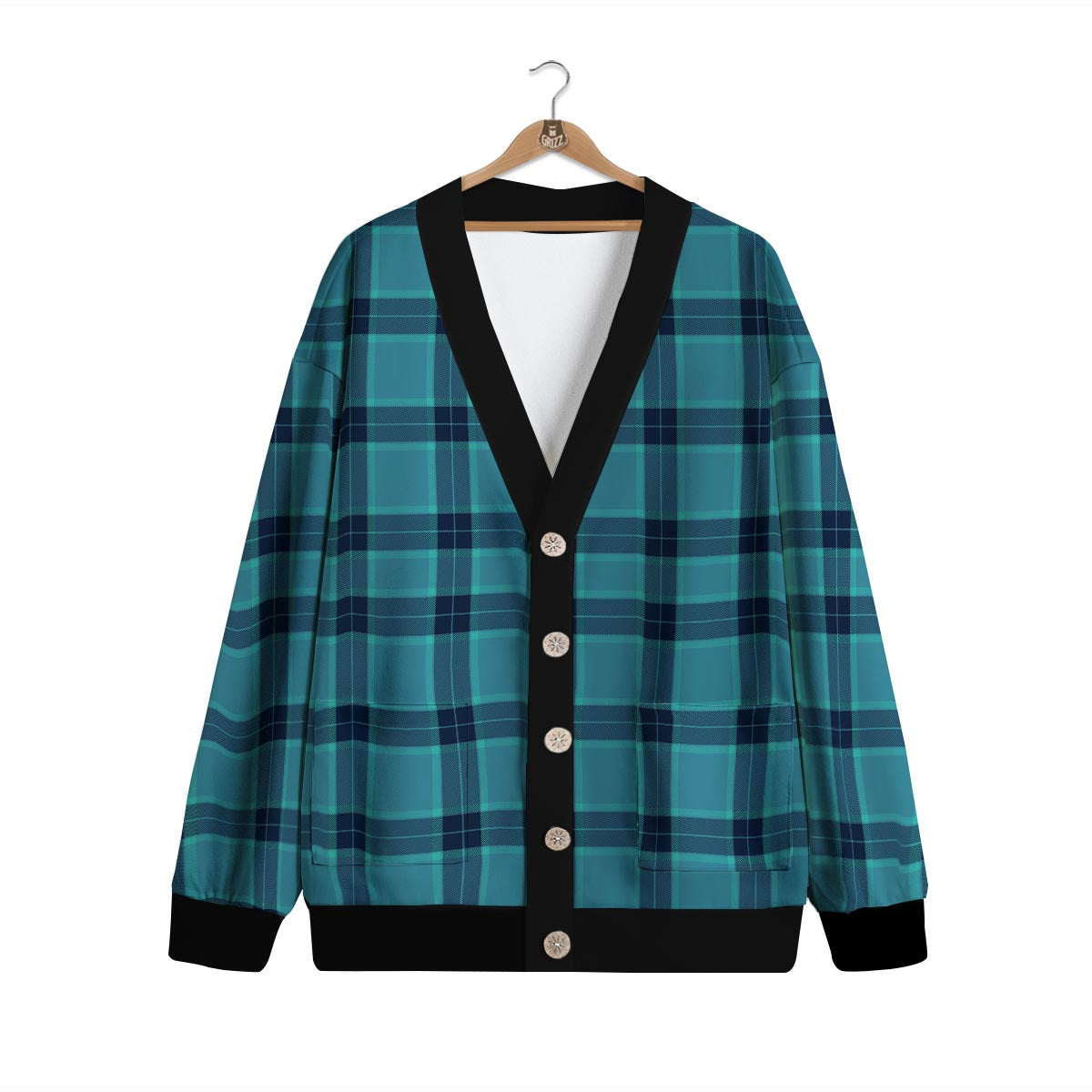 Madras Teal Print Pattern Cardigan-grizzshop