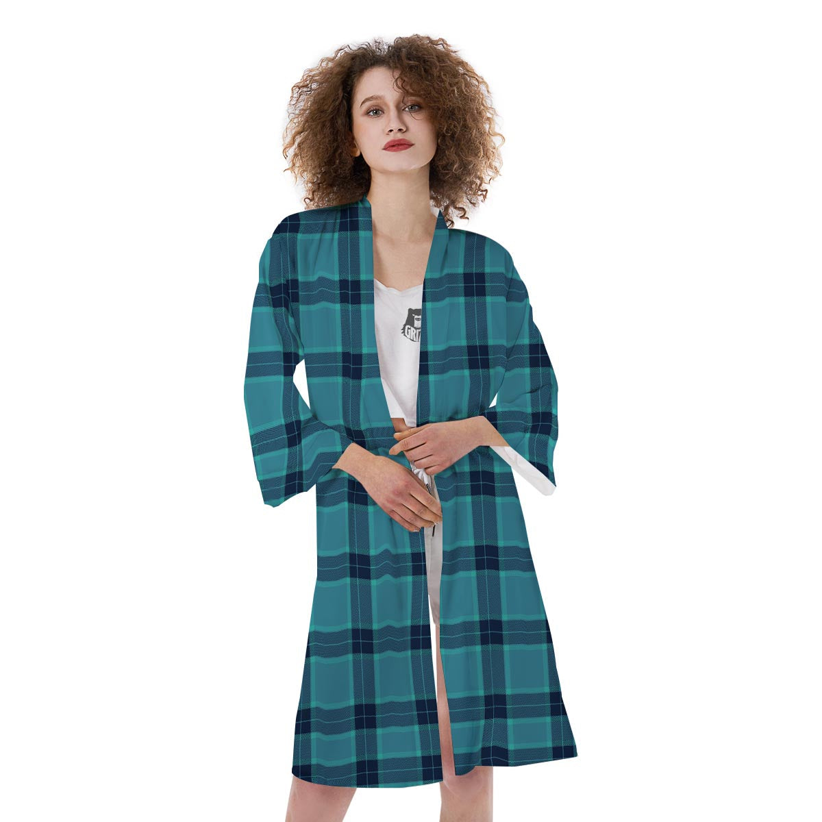 Madras Teal Print Pattern Kimono-grizzshop