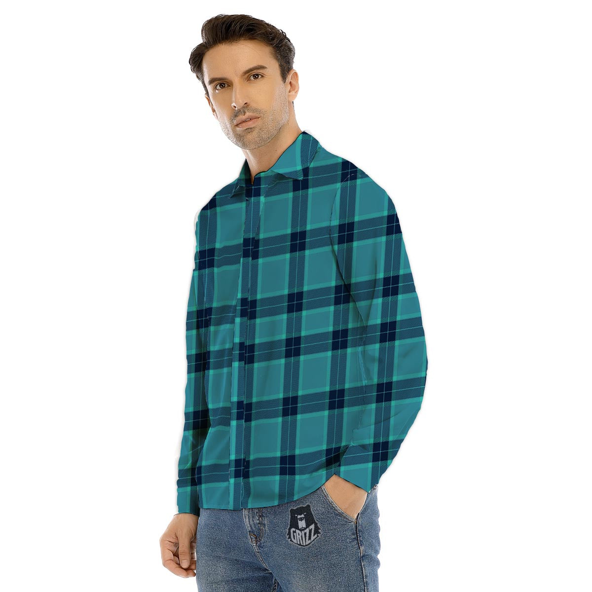 Madras Teal Print Pattern Men's Dress Shirts-grizzshop