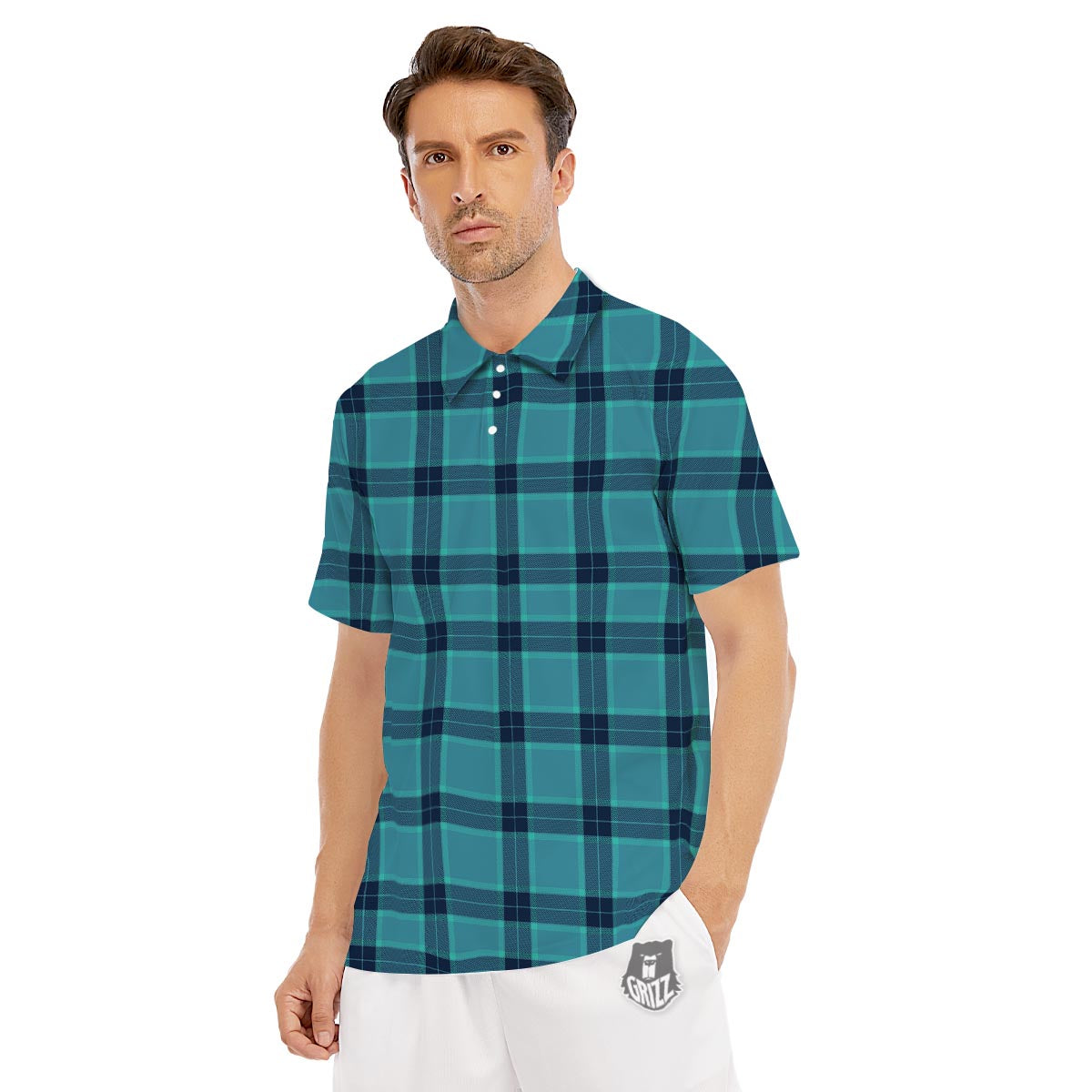 Madras Teal Print Pattern Men's Golf Shirts-grizzshop