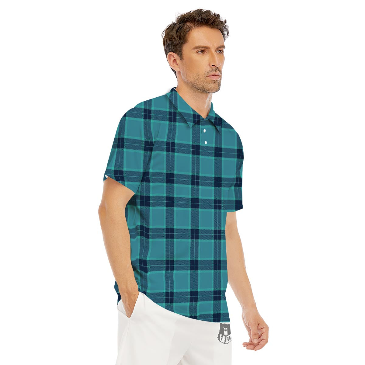Madras Teal Print Pattern Men's Golf Shirts-grizzshop