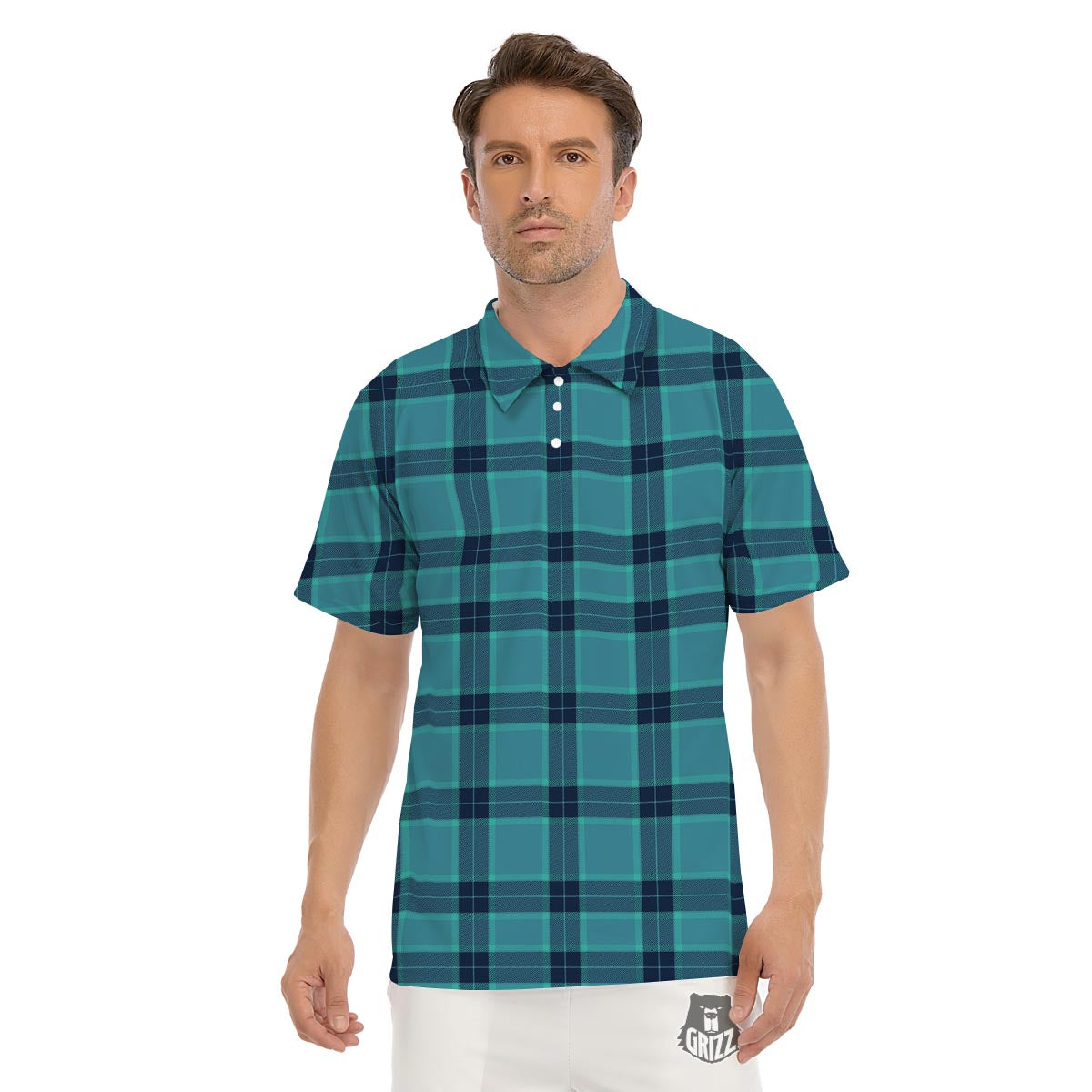 Madras Teal Print Pattern Men's Golf Shirts-grizzshop