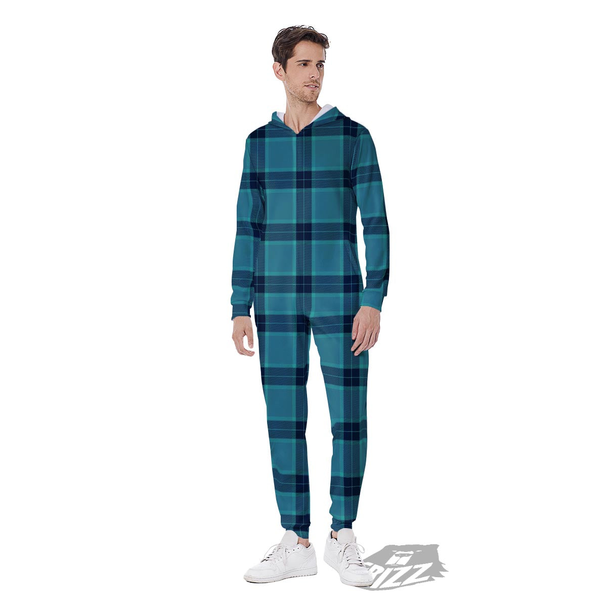 Madras Teal Print Pattern Men's Jumpsuit-grizzshop