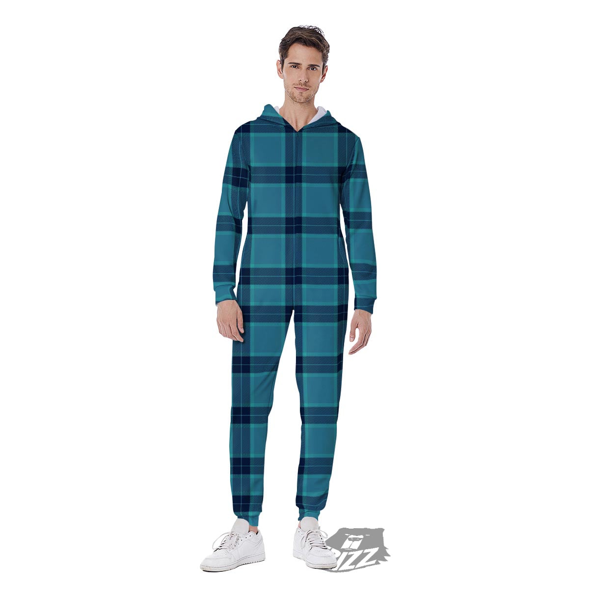 Madras Teal Print Pattern Men's Jumpsuit-grizzshop