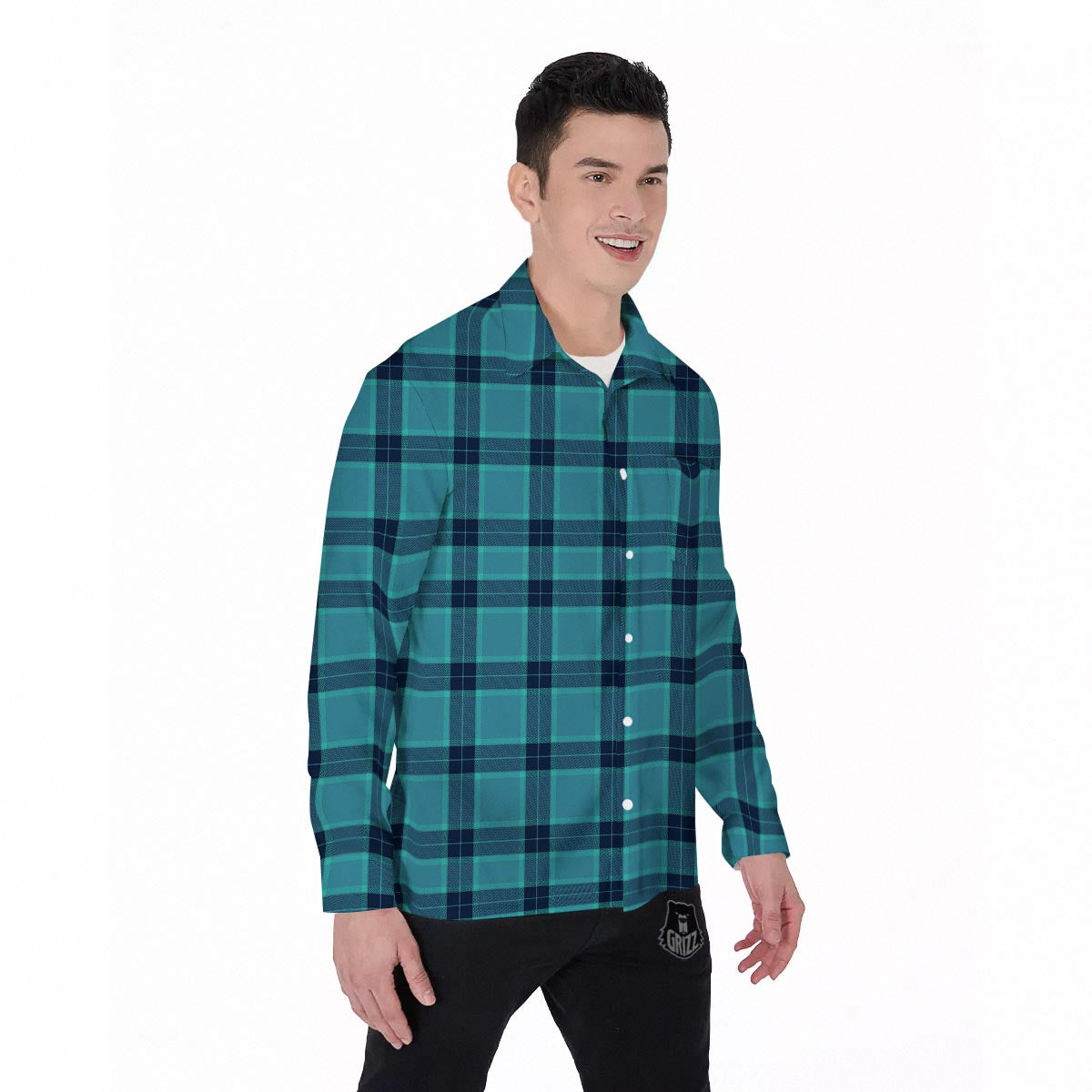 Madras Teal Print Pattern Men's Long Sleeve Shirts-grizzshop