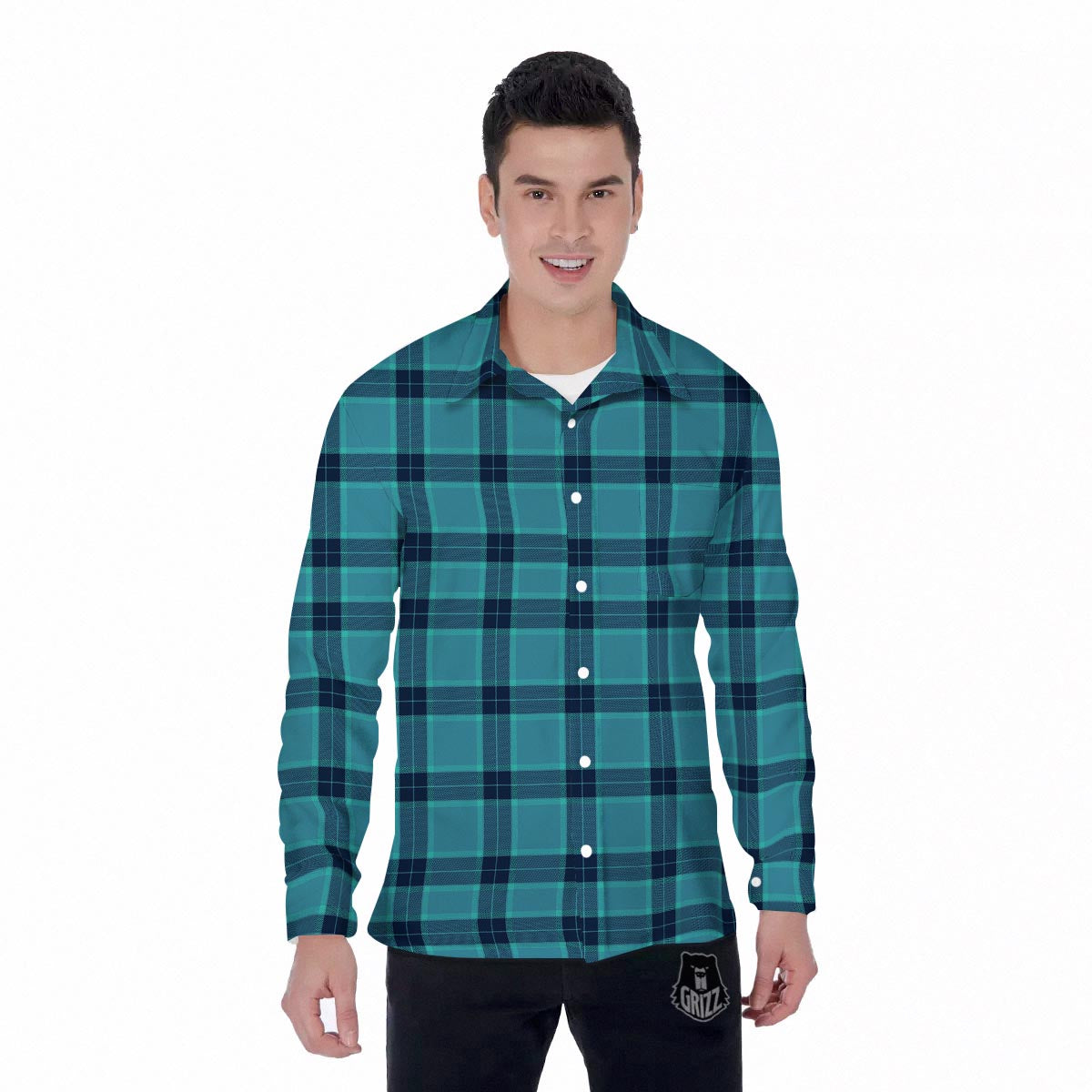 Madras Teal Print Pattern Men's Long Sleeve Shirts-grizzshop