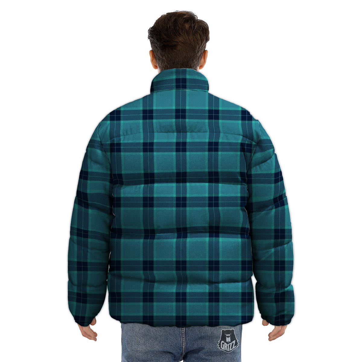 Madras Teal Print Pattern Puffer Jacket-grizzshop