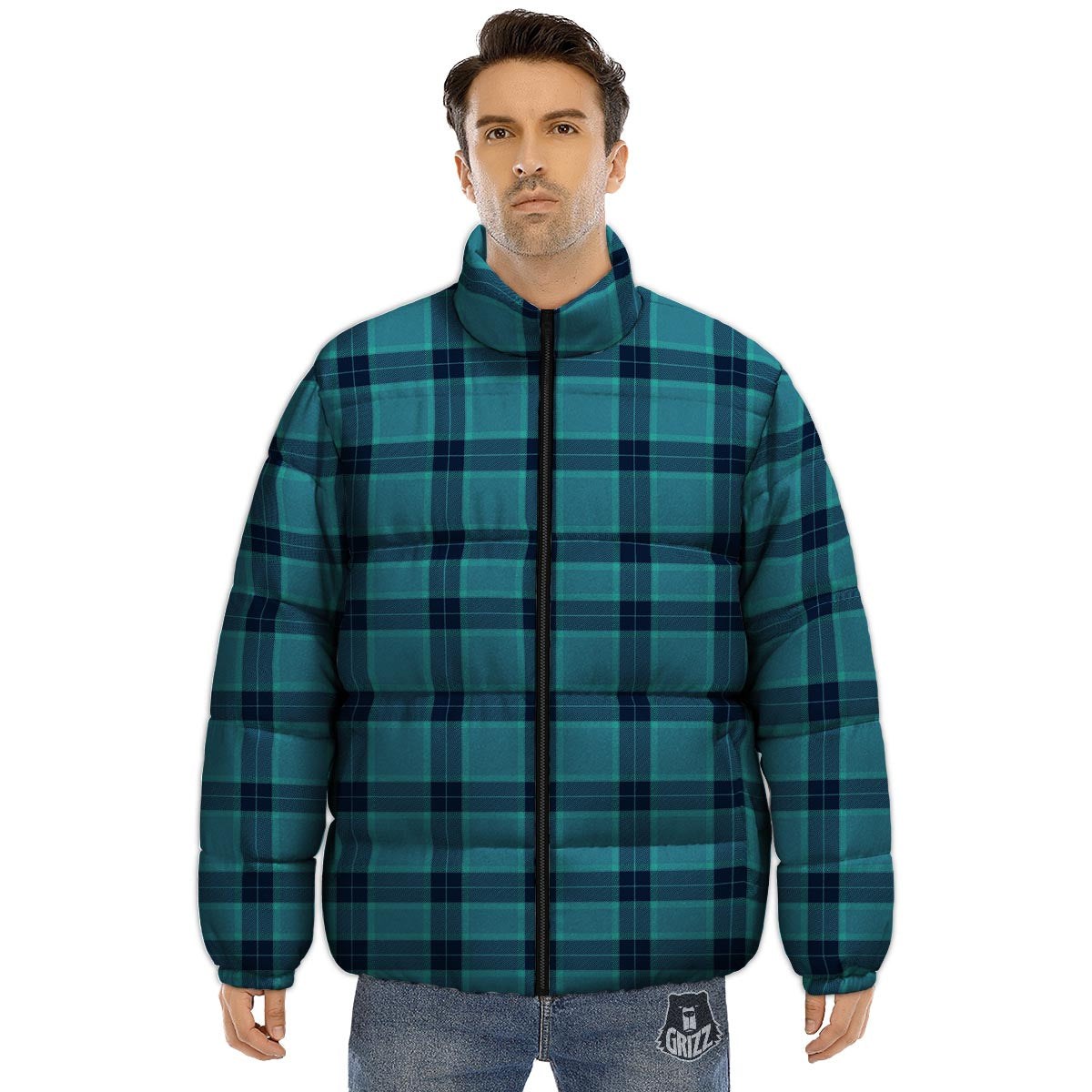 Madras Teal Print Pattern Puffer Jacket-grizzshop