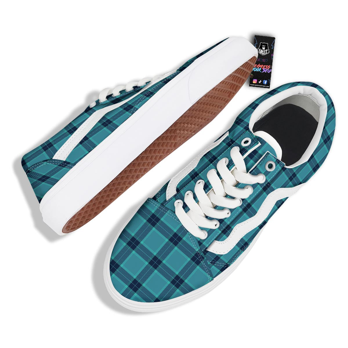 Madras Teal Print Pattern Skate Shoes-grizzshop
