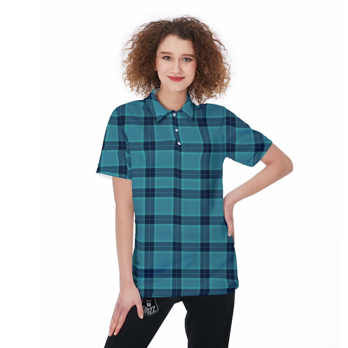 Madras Teal Print Pattern Women's Golf Shirts-grizzshop