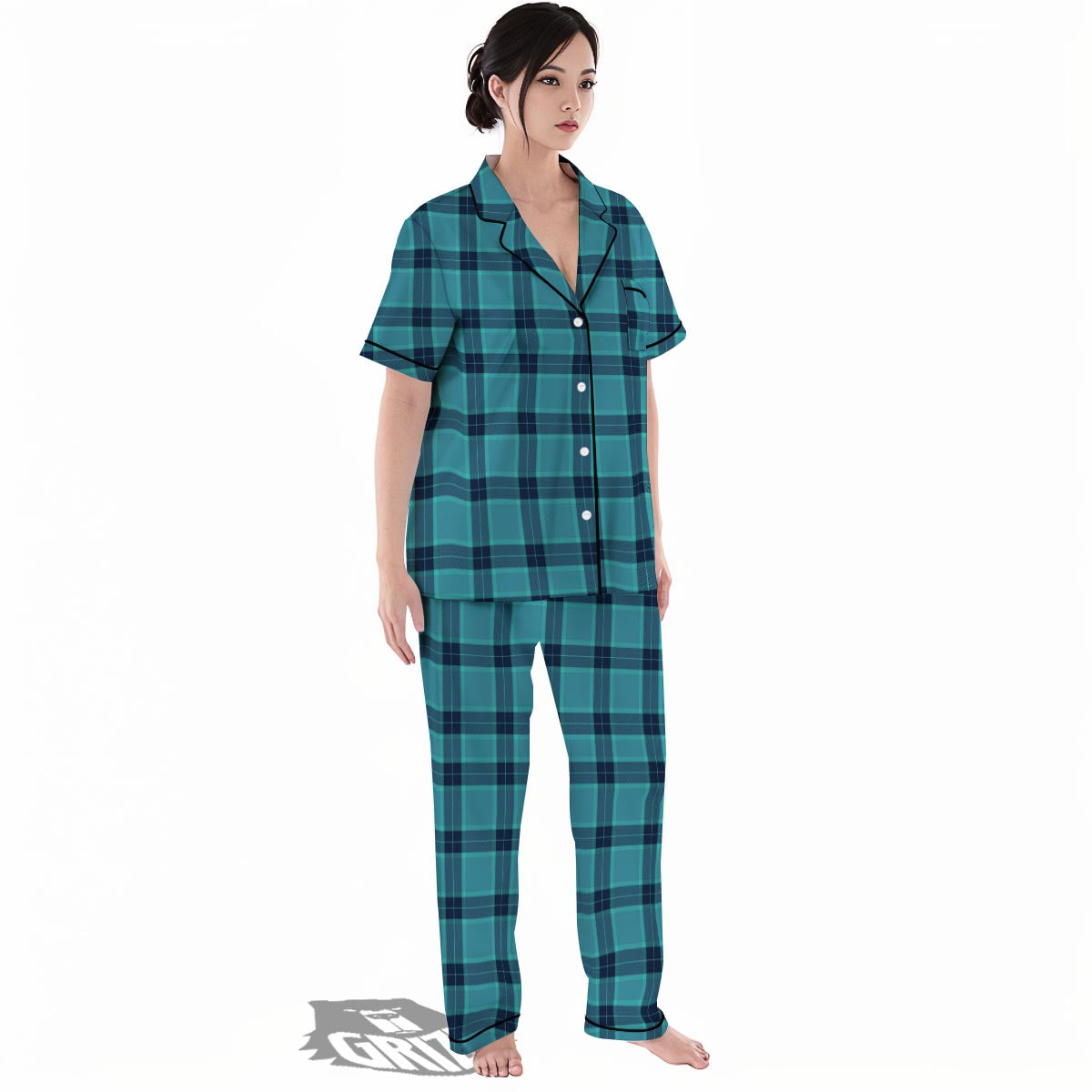 Madras Teal Print Pattern Women's Pajamas Set-grizzshop