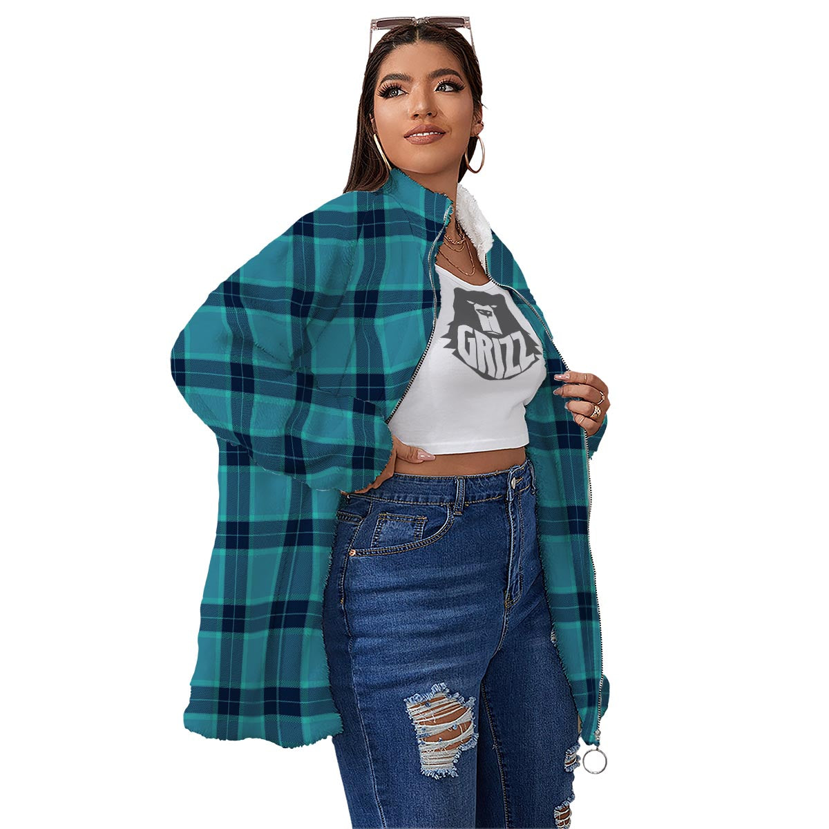 Madras Teal Print Pattern Women's Sherpa Jacket-grizzshop